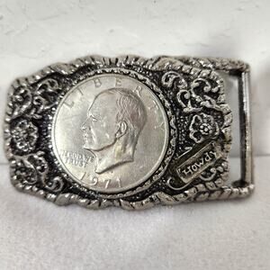 Howdy 1971 Eisenhower Dollar Coin Vintage Western 3.5x2 Belt Buckle